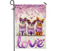 Drapeau de jardin pour chiens, lunettes de soleil ludiques printanières, cœurs violets, toile de jute double face, petit drapeau de jardin, cour, pour extérieur, terrasse, pelouse, porche, balcon