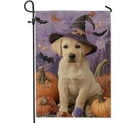 Drapeau de jardin pour chiot d'Halloween, chapeau de sorcière violet, bannière de décoration d'intérieur, bannière double face en toile de jute, décoration extérieure saisonnière 30,5 x 45,7 cm