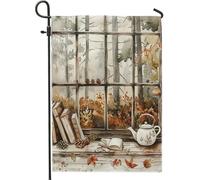 Drapeau de jardin pour fenêtre d'automne, café, chalet, théière, livres, décoration d'intérieur, drapeaux de jardin, drapeau de cour en toile de jute saisonnière pour décoration de pelouse 30,5 x 45,7