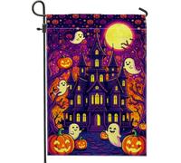 Drapeau de jardin pour maison hantée, fantômes effrayants fantaisistes, citrouilles, Halloween, violet, double face, en toile de jute décorative pour extérieur, porche, pelouse, terrasse, 30,5 x 45,7