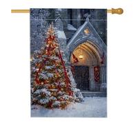 Drapeau de jardin pour vacances d'hiver, église d'arbre enneigé rouge, décoration extérieure, bannière double face en toile de jute pour décoration de pelouse festive, 71,1 x 101,6 cm