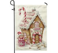 Drapeau de jardin pour vacances d'hiver, maison en pain d'épices, joli bonhomme de neige, décoration extérieure, drapeau de cour double face en toile de jute pour décoration de pelouse de Noël, 30,5 x