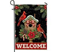 Drapeau de jardin pour vacances d'hiver, oiseaux rouges, pommes de pin, bannière de bienvenue en toile de jute double face, décoration de pelouse extérieure, décoration d'intérieur de Noël, 30,5 x