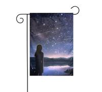 Drapeau de jardin printanier 30,5 x 45,7 cm, bannière extérieure double face, drapeaux de bienvenue saisonnière, décoration extérieure, fille regardant les étoiles, drapeaux pour terrasse, pelouse et