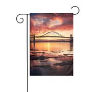 Drapeau de jardin printanier 30,5 x 45,7 cm, bannière extérieure double face, drapeaux de bienvenue saisonniers, décoration extérieure, ferme, pont de Newark Bay et coucher de soleil pour terrasse