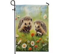 Drapeau de jardin printanier, animaux, nature, floral, botanique, hérisson, herbe, joli panneau en lin vert marron, décoration murale pour extérieur, terrasse, jardin, intérieur, maison, taille