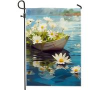 Drapeau de jardin printanier aquarelle bohème artistique bateau floral joli panneau en lin bleu, vert, blanc, décoration d'intérieur, décoration murale, terrasse, jardin, maison, taille standard 30,5