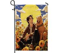 Drapeau de jardin printanier, beau homme, chien, tournesol, fleur, plante, lune, nuage, jaune, bleu, décoration d'intérieur, décoration murale, extérieur, terrasse, jardin, intérieur, maison, taille