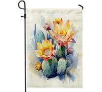 Drapeau de jardin printanier cactus plante artistique aquarelle belle fleur jaune vert bleu lin panneau décoration maison décoration murale patio jardin intérieur maison taille standard 30,5 x 45,7 cm