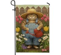 Drapeau de jardin printanier, chat mignon avec arrosoir et fleurs, décoration extérieure, bannière double face en toile de jute pour pelouse et décoration de fête, 30,5 x 45,7 cm