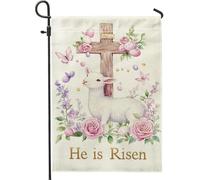 Drapeau de jardin printanier de Pâques, décoration florale pastel, agneau en toile de jute double face pour décoration de pelouse, thème « He is Risen » 30,5 x 45,7 cm