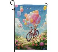 Drapeau de jardin printanier dessin animé ballon vélo floral botanique nuage ciel cottage bleu vert rose panneau décoration maison extérieur patio jardin intérieur maison premium taille standard 30,5