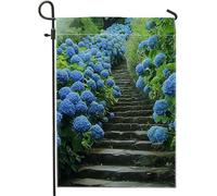 Drapeau de jardin printanier hortensia fleur feuille verte pierre botanique sol pays bleu noir lin maison cour décoration maison extérieur porche patio vacances pelouse fête drapeau double face
