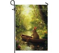 Drapeau de jardin printanier, joli lapin dans un bateau, drapeau décoratif double face en toile de jute pour pelouse, décoration de jardin saisonnière de Pâques, 30,5 x 45,7 cm