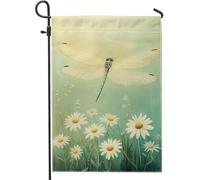 Drapeau de jardin printanier, libellule verte, marguerite, décoration extérieure, drapeau de cour en toile de jute de qualité supérieure pour décoration florale printanière, 30,5 x 45,7 cm