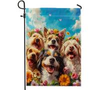 Drapeau de jardin printanier mignon chien dessin animé amusant peinture à l'huile florale botanique joli panneau en lin bleu marron décoration maison décoration murale extérieur patio jardin intérieur