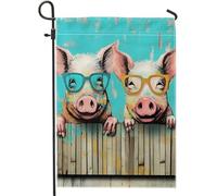 Drapeau de jardin printanier mignon drôle cochon clôture lunettes de soleil graffiti cottage ferme bleu rose lin panneau décoration maison décoration murale extérieur patio jardin intérieur maison