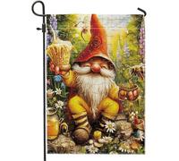 Drapeau de jardin printanier, nain, scie puzzle, abeille, bouteille de miel, lavande, plante florale, vert, jaune, panneau en lin, décoration d'intérieur, décoration murale, extérieur, terrasse