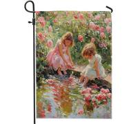 Drapeau de jardin printanier pour chalet - Étang girly - Rose - Esthétique - Peinture à l'huile - Lin vert - Décoration de fête - Décoration de porche - Pelouse - Patio - Extérieur pour camping