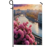 Drapeau de jardin printanier rivière nature floral beau paysage urbain arbre coucher de soleil rose bleu lin panneau décoration maison décoration murale patio jardin intérieur maison premium taille