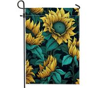 Drapeau de jardin printanier, tournesol, fleur, feuilles, botanique artistique, belle panneau en lin vert et orange, décoration d'intérieur, décoration murale, extérieur, terrasse, jardin, intérieur