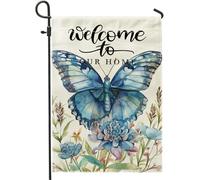 Drapeau de jardin printanier « Welcome to Our Home » - Papillon bleu - Herbe florale - Beau lin bleu - Décoration pour porche, pelouse, fête - Drapeau de jardin double face - 30,5 x 45,7 cm