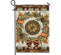Drapeau de jardin récolte d'automne, feuilles de citrouille, noix, ananas, décoration à carreaux, drapeaux de patio extérieurs, drapeaux de patio en plein air, décoration de la maison de Thanksgiving