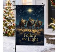 Drapeau de jardin religieux 30,5 x 45,7 cm avec citation « Follow The Light | Scène des trois mages, drapeau de pelouse, motif étoile guidante, paysage du désert, décoration religieuse
