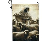 Drapeau de jardin religieux de berger, Jésus beige avec mouton, cape de Pâques et printemps, décoration extérieure, drapeau double face en toile de jute pour la maison, la pelouse, 30,5 x 45,7 cm