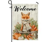 Drapeau de jardin renard d'automne orange mignon avec citrouille et carottes Bannière de décoration extérieure, double face en toile de jute pour décoration d'intérieur, drapeau de pelouse de