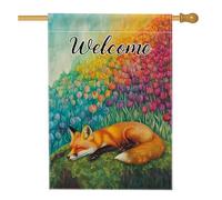 Drapeau de jardin renard de bienvenue printanière, bannière d'art floral coloré, bannière de cour double face en toile de jute pour décoration extérieure pour la maison ou les fêtes de vacances, 71 x