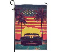 Drapeau de jardin rétro Amérique coucher de soleil pour voiture, bannière de décoration d'intérieur à rayures rouges de style vintage, bannière de décoration double face pour fête en plein air