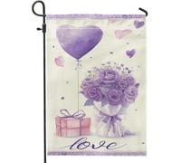 Drapeau de jardin romantique avec ballons, boîte cadeau de Saint-Valentin, violet en toile de jute double face, petit drapeau de jardin pour extérieur, porche, pelouse, terrasse, 30,5 x 45,7 cm