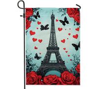 Drapeau de jardin romantique de Paris, tour Eiffel noire, roses rouges, cœurs, papillons, décoration d'intérieur, drapeaux double face, printemps, été, extérieur, pelouse, décoration 30,5 x 45,7 cm