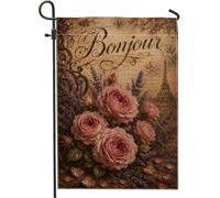 Drapeau de jardin roses vintage romantique lavande Paris Tour Printemps pêche double face en toile de jute Petit drapeau de jardin pour extérieur, terrasse, pelouse, porche, balcon 30,5 x 45,7 cm