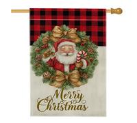 Drapeau de jardin rustique de Noël, couronne de Père Noël rouge à carreaux de buffle rouge, décoration de vacances, drapeau de cour double face en toile de jute pour décoration de pelouse extérieure