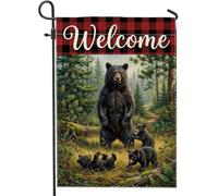 Drapeau de jardin rustique noir avec inscription Welcome Bear Family Forest | Scène de forêt rustique, drapeau de cour, en-tête à carreaux de buffle, salutation de bienvenue, thème de la faune