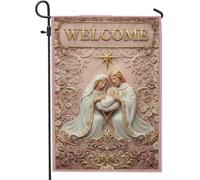 Drapeau de jardin Sainte Famille - Élégant motif étoiles roses de Noël - En toile de jute - Double face - Petit drapeau de jardin - Pour extérieur, porche, pelouse, terrasse - 30,5 x 45,7 cm