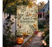 Drapeau de jardin « Saints And Remembrance » 30,5 x 45,7 cm | Motif floral botanique, drapeau de cour, typographie de script vintage, accents de feuilles d'automne