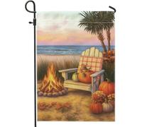 Drapeau de jardin scène de plage d'automne, bannière de décoration extérieure en forme de citrouille orange, drapeau de cour en tissu double face, décoration saisonnière de pelouse d'automne 30,5 x