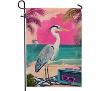 Drapeau De Jardin Scène De Plage Tropicale Avec Héron Et Pêche Et Palmiers Drapeaus Décoratif Antifouling Garden Flag Couleurs Vives Drapeau De Bienvenue Pour Patio Pavillon Home 30X45Cm