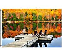 Drapeau De Jardin Seasonal Fall Colours Trees Nature Landscape Wooden Chair On Autumn Lake Garden Flag Premium Drapeau De Bienvenue Couleur Vive Pride Flag Pour Pelouse Cour Pavillon 152X90CM
