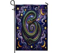 Drapeau de jardin serpent, étoiles fantaisistes mystiques et lunes d'Halloween vert double face en toile de jute décorative pour extérieur, pelouse, porche, terrasse, entrée, 30,5 x 45,7 cm