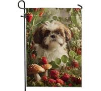 Drapeau de jardin Shih Tzu de printemps et d'été, bannière florale de décoration extérieure avec fraises, champignons, bannière double face, toile de jute, décoration de pelouse de vacances, 30,5 x