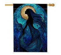 Drapeau de jardin sirène bleu océan, décoration sous-marine élégante avec motif au clair de lune, bannière de pelouse double face pour décoration extérieure d'été, magnifique drapeau de cour de la