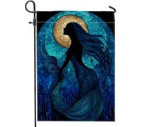 Drapeau de jardin sirène bleu océan, décoration sous-marine élégante avec motif au clair de lune, bannière de pelouse double face pour décoration extérieure d'été, magnifique drapeau de cour de maison