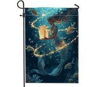 Drapeau de jardin sirène - Cadeau fantaisie sous-marin - Poisson d'été bleu en toile de jute double face - Petit drapeau de jardin pour extérieur, terrasse, pelouse, porche, entrée, camping - 30,5 x