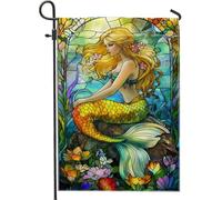 Drapeau de jardin sirène d'été, drapeaux colorés de cour, double face, imperméable, décoration de pelouse, décoration de fête d'intérieur, art côtier vif, 30,5 x 45,7 cm