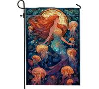 Drapeau de jardin sirène océan, méduses colorées, bannière de décoration d'intérieur, drapeau double face en toile de jute pour décoration de pelouse extérieure, 30,5 x 45,7 cm