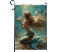 Drapeau de jardin sirène sous-marine, bannière décorative océan bleu, drapeau de cour double face en toile de jute pour décoration de pelouse en été extérieur, 30,5 x 45,7 cm